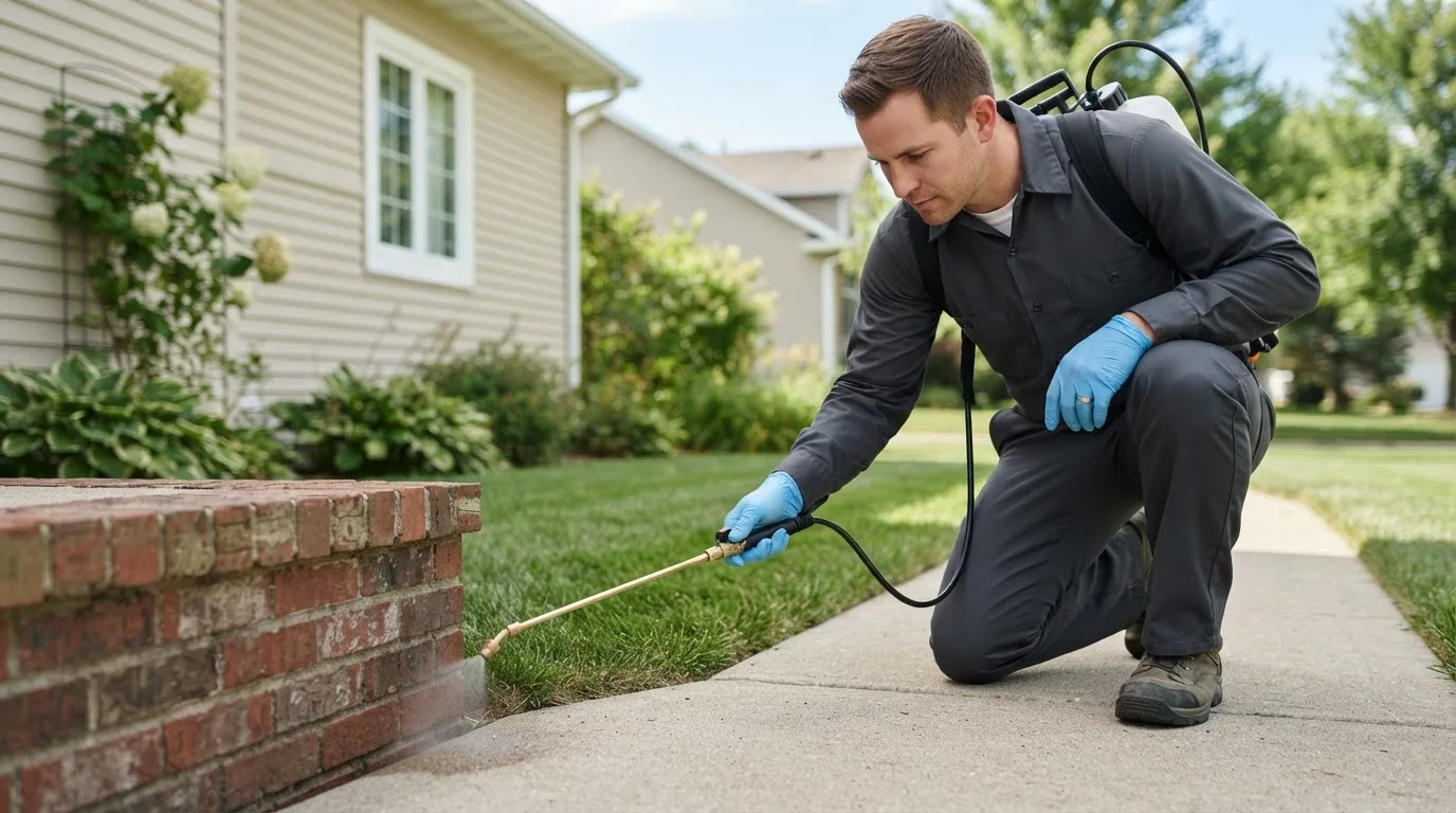 Pest control technician treating a home near Mesa, WA